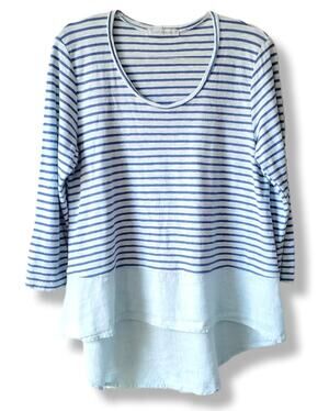 Women Cutloose Blue Stripe Linen Top Shirt M Lagenlook Coastal Relaxed Beach USA